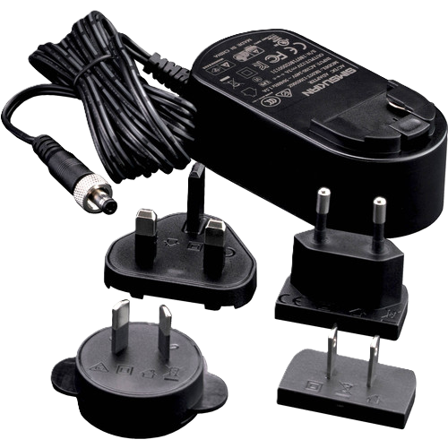 Set of black electrical adapters and a power cable on a white background