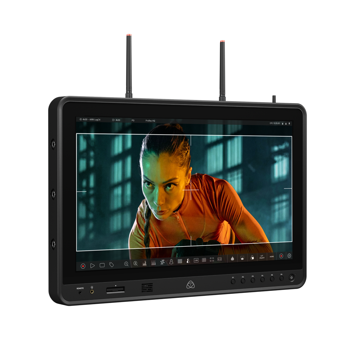 Atomos 19-inch monitor with screen displaying a person in an orange jumpsuit, on a white background