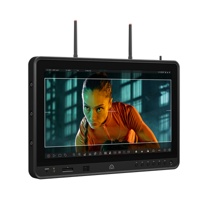 Atomos 19-inch monitor with screen displaying a person in an orange jumpsuit, on a white background