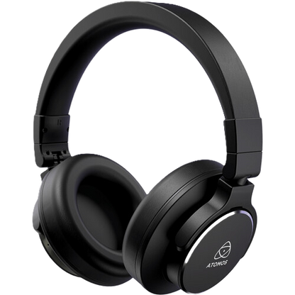 Black headphones with 'ATOMOS' logo on a white background
