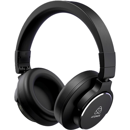 Black headphones with 'ATOMOS' logo on a white background