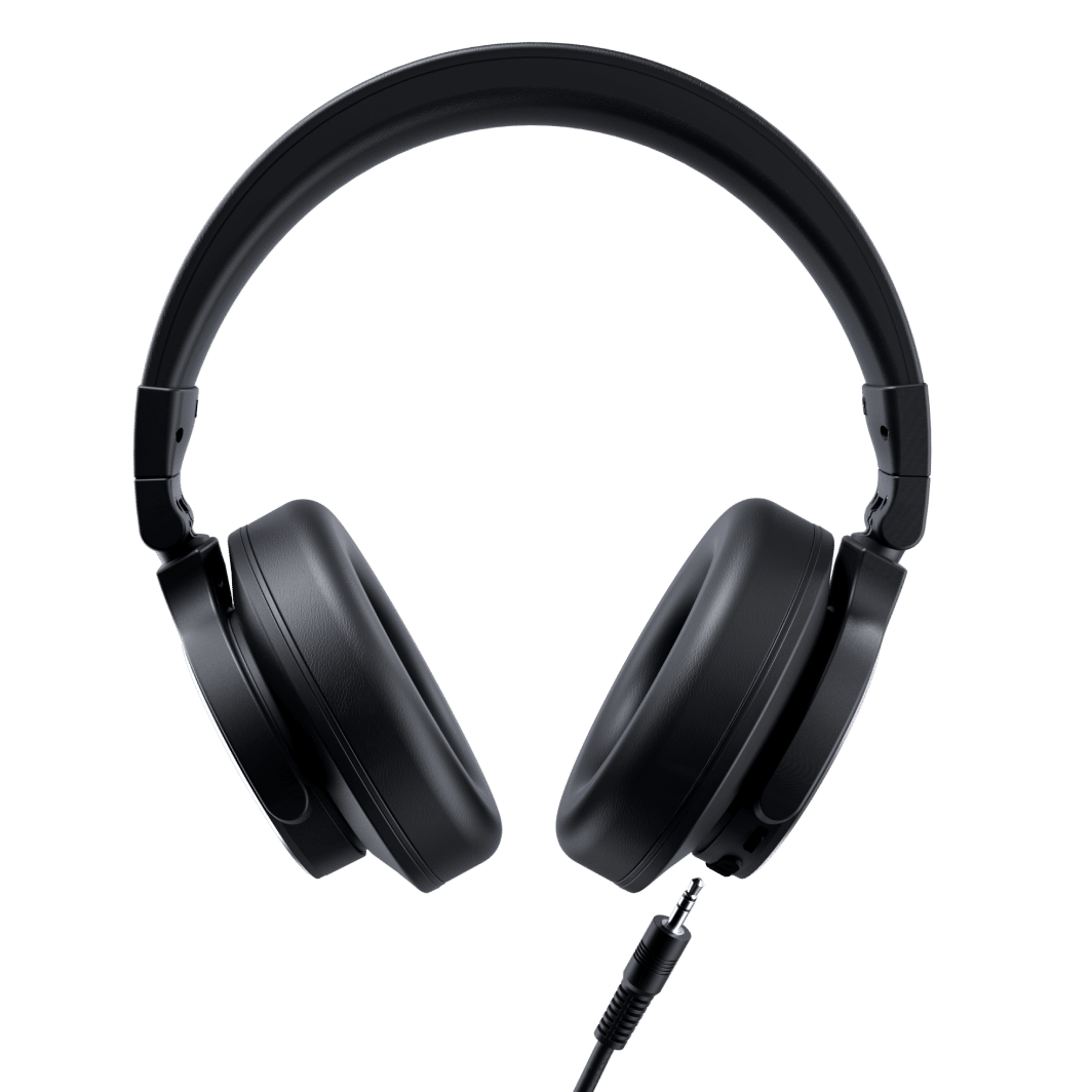 Black over-ear headphones with a cable on a white background
