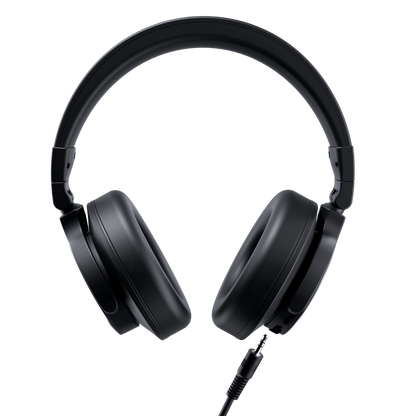 Black over-ear headphones with a cable on a white background