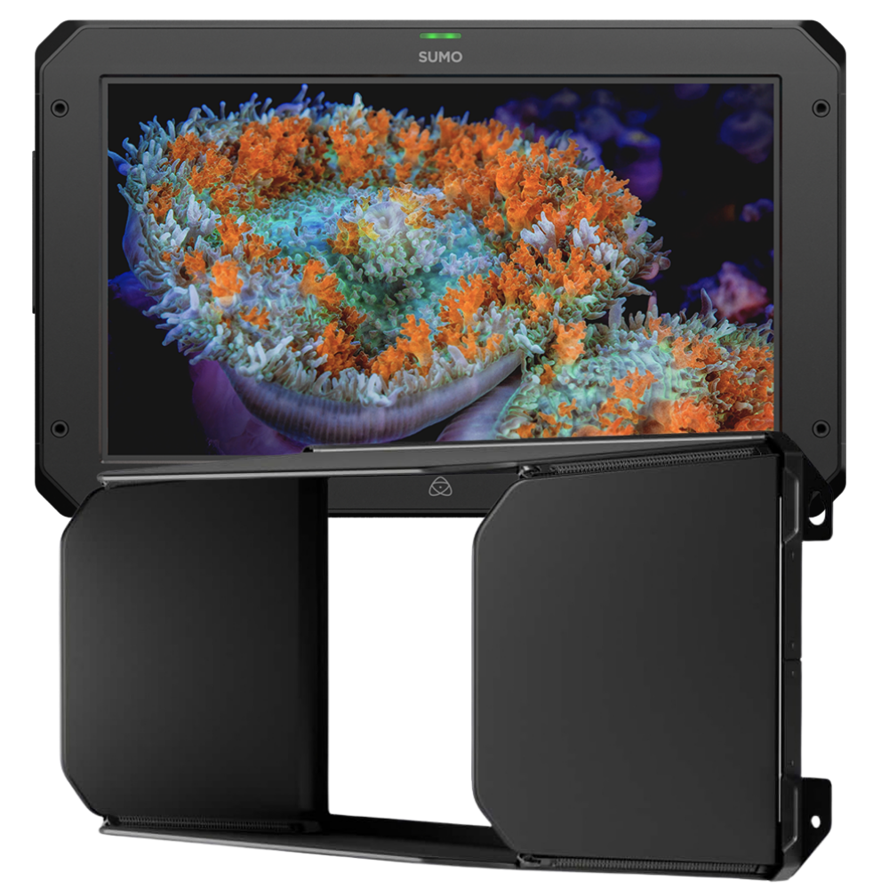 Black underwater camera monitor with screen displaying colorful coral, branded 'SUMO'.
