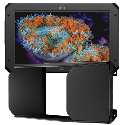 Black underwater camera monitor with screen displaying colorful coral, branded 'SUMO'.