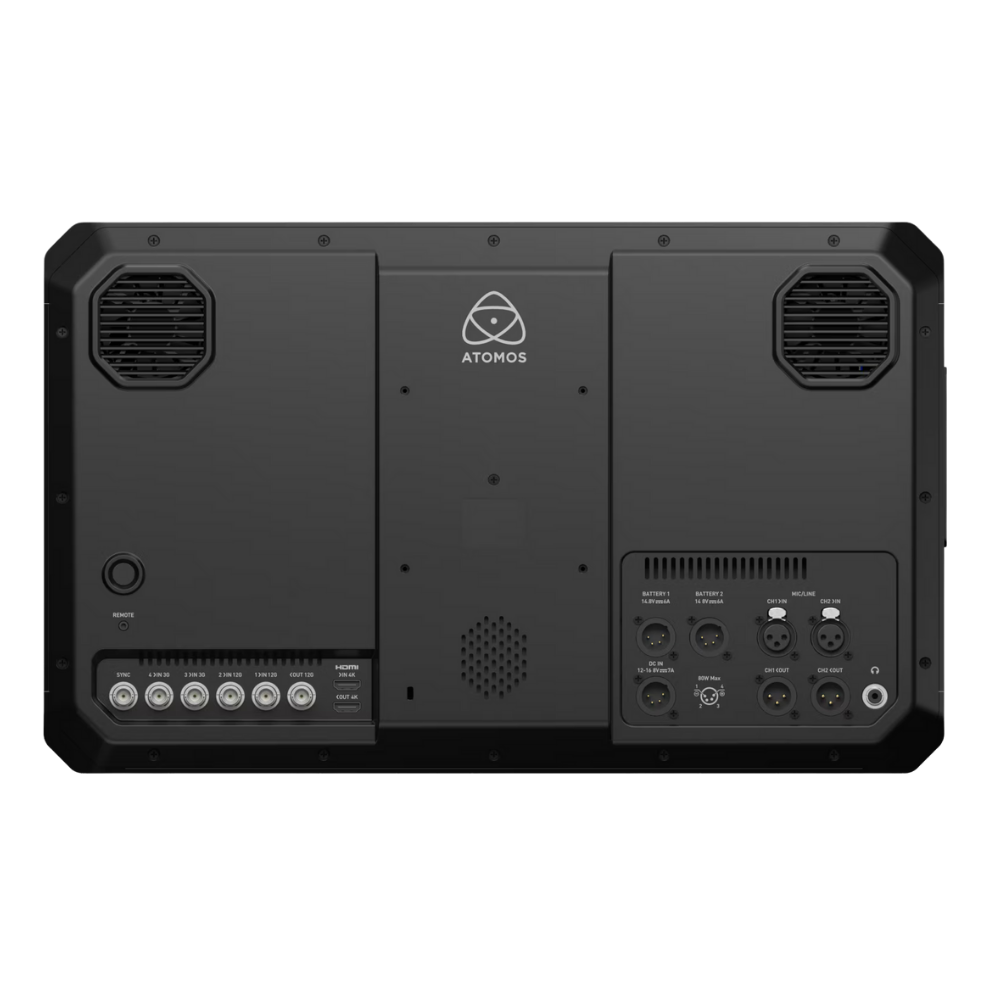 Back view of a black electronic device with Atomos logo on a white background