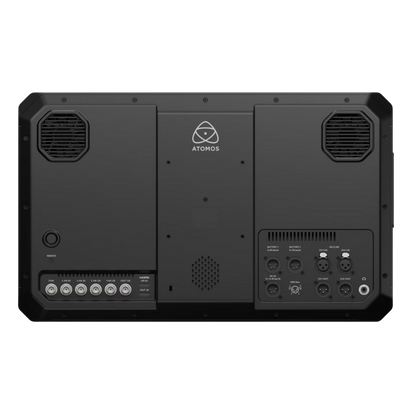 Back view of a black electronic device with Atomos logo on a white background
