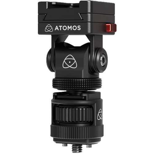 Black cold shoe mount camera accessory with Atomos branding on a white background