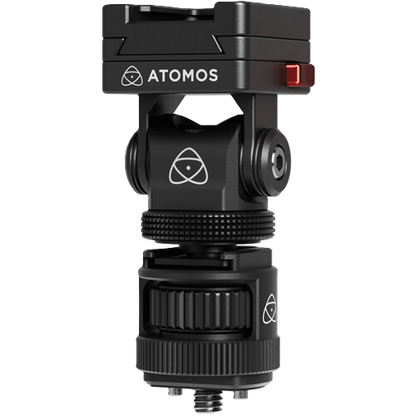 Black cold shoe mount camera accessory with Atomos branding on a white background