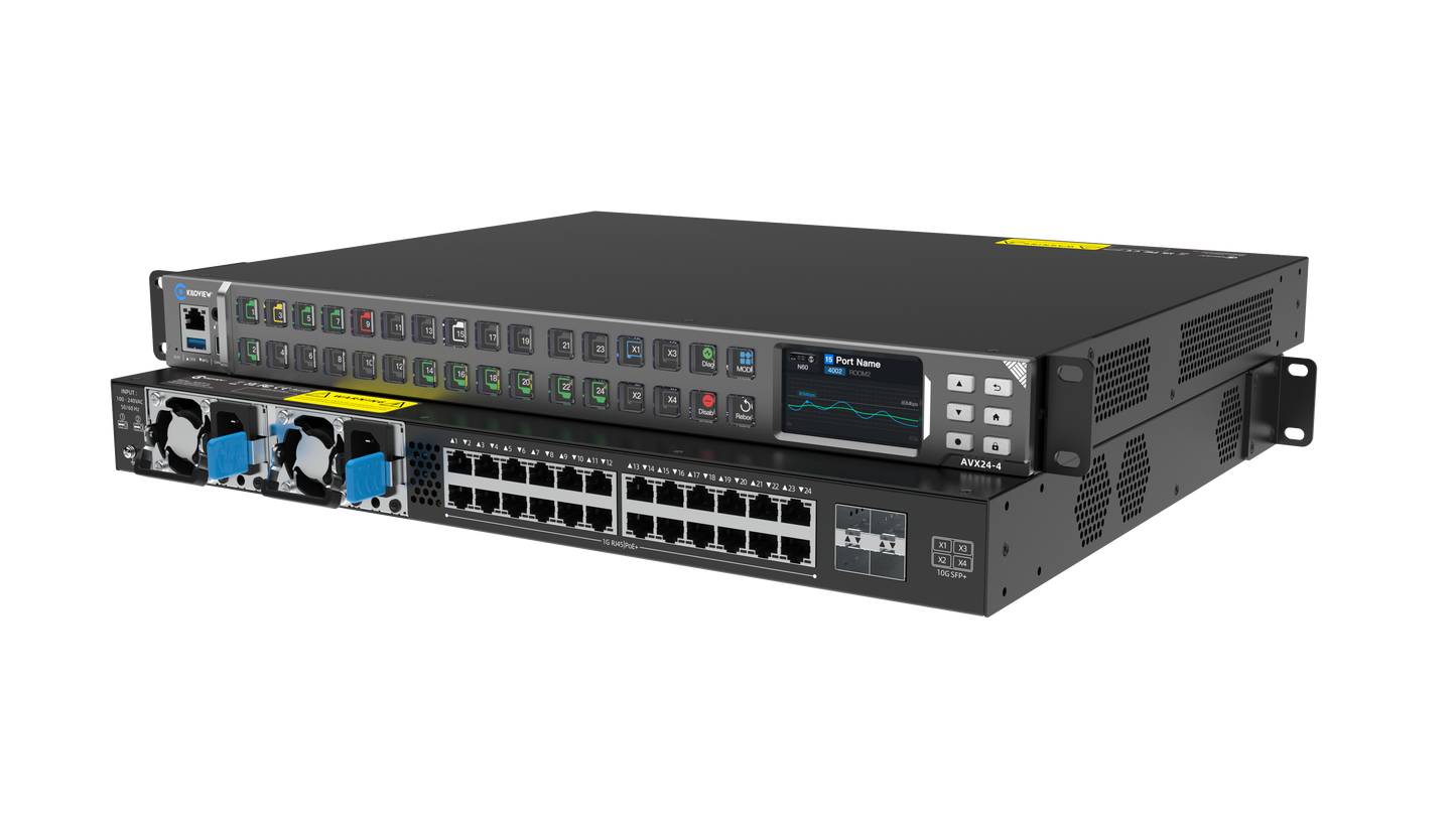 Network switch with multiple ports on a white background