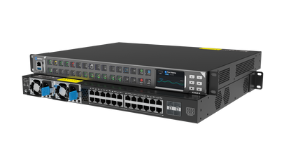 Network switch with multiple ports on a white background