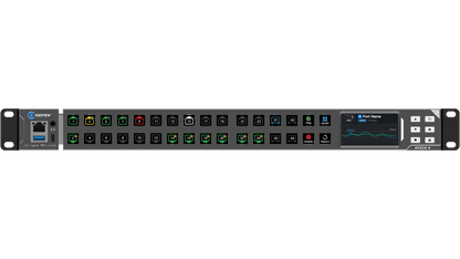 Network switch with multiple ports and LED indicators on a white background