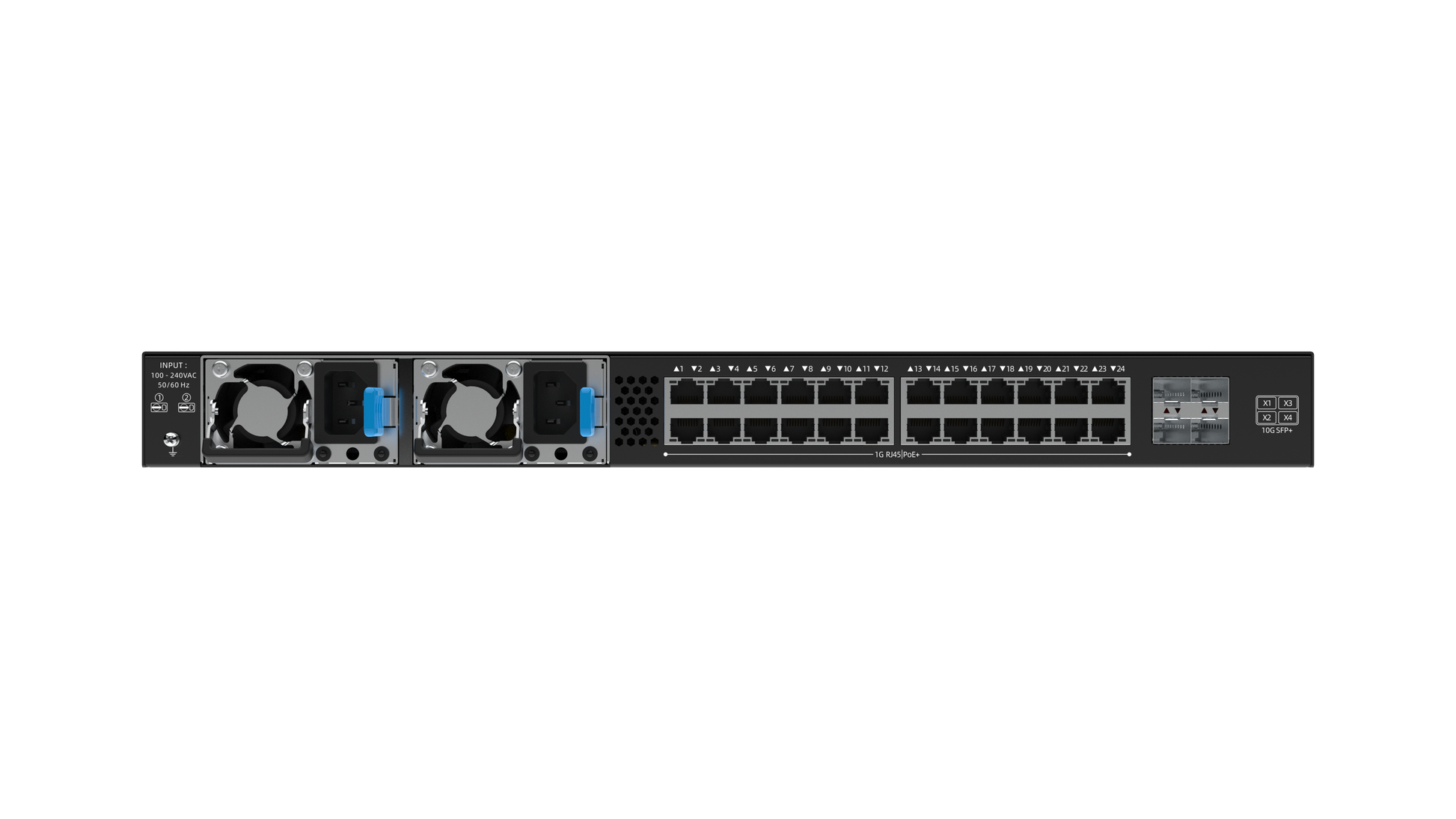 Network switch with multiple ports on a white background
