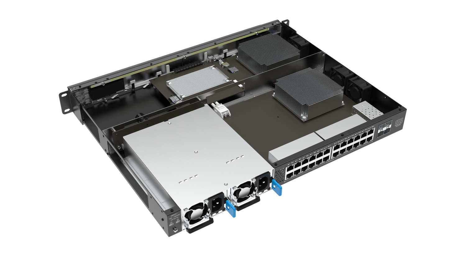 Network switch with multiple ports on a white background