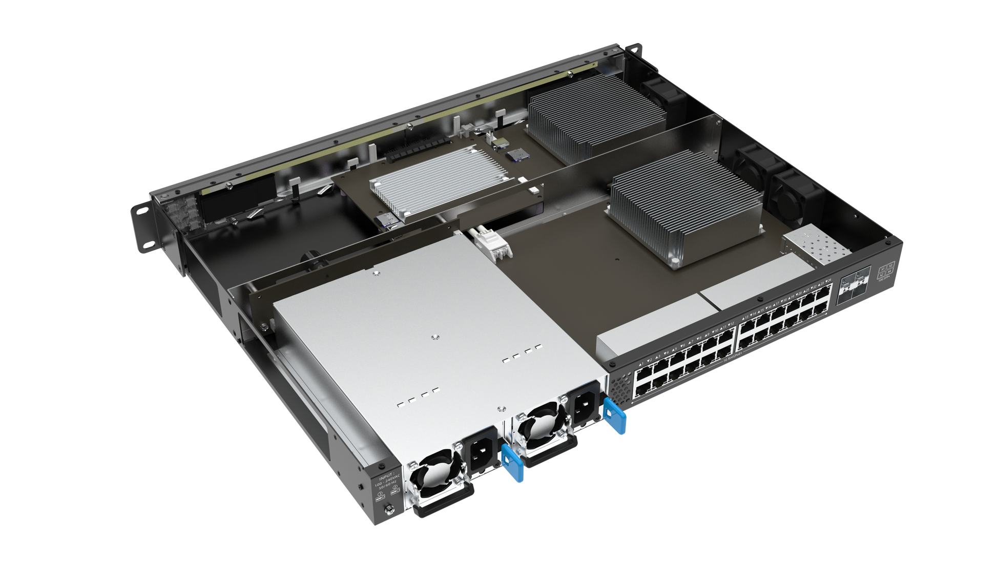 Network switch with multiple ports on a white background