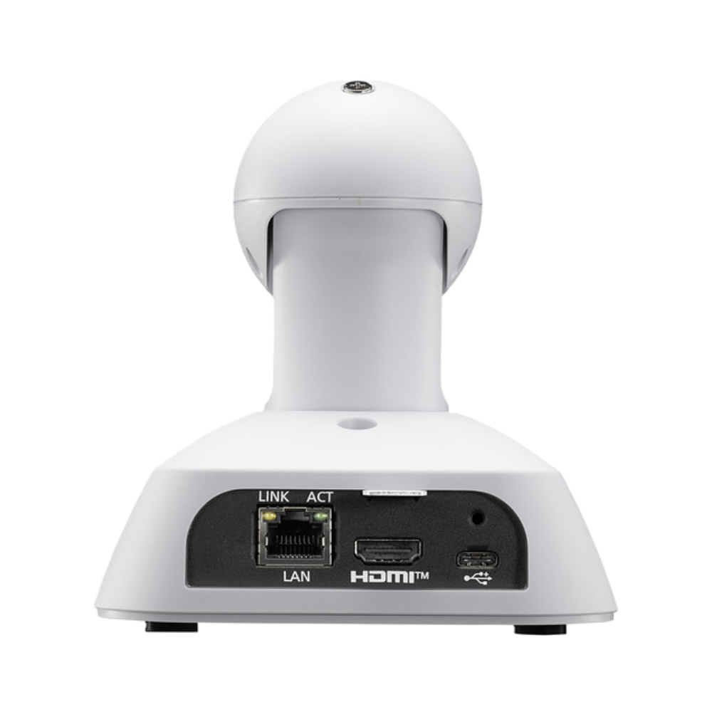 White ePTZ camera with connectivity ports on a white background