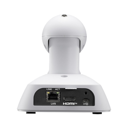White ePTZ camera with connectivity ports on a white background