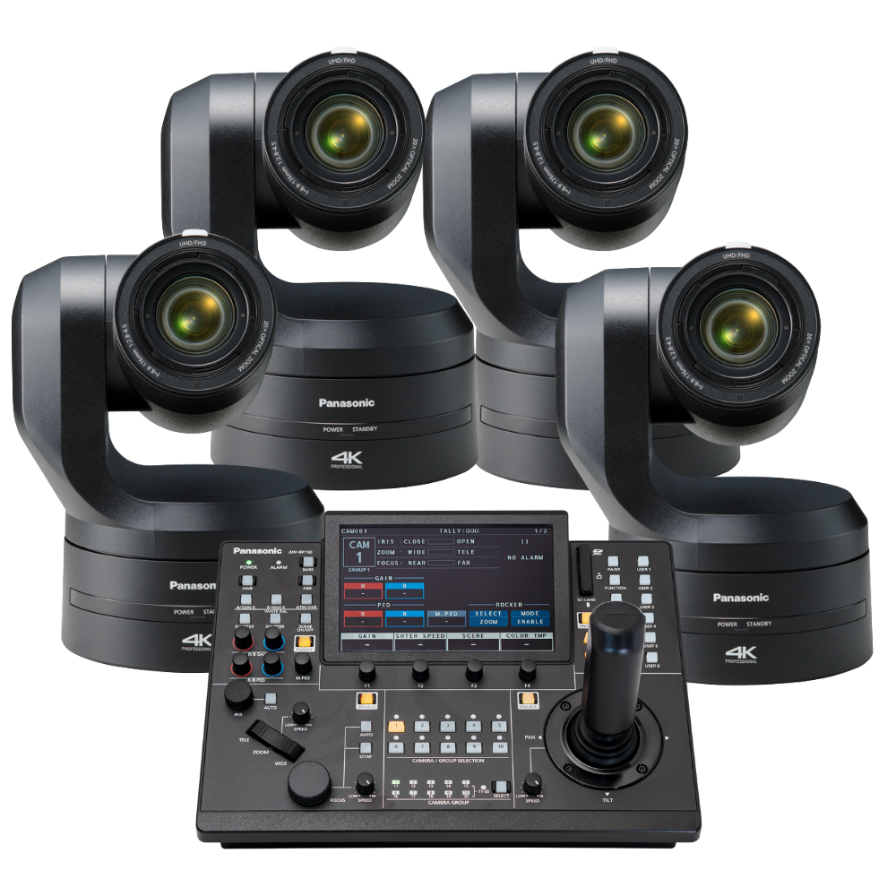 Panasonic video conferencing system with four cameras and a control panel on a white background