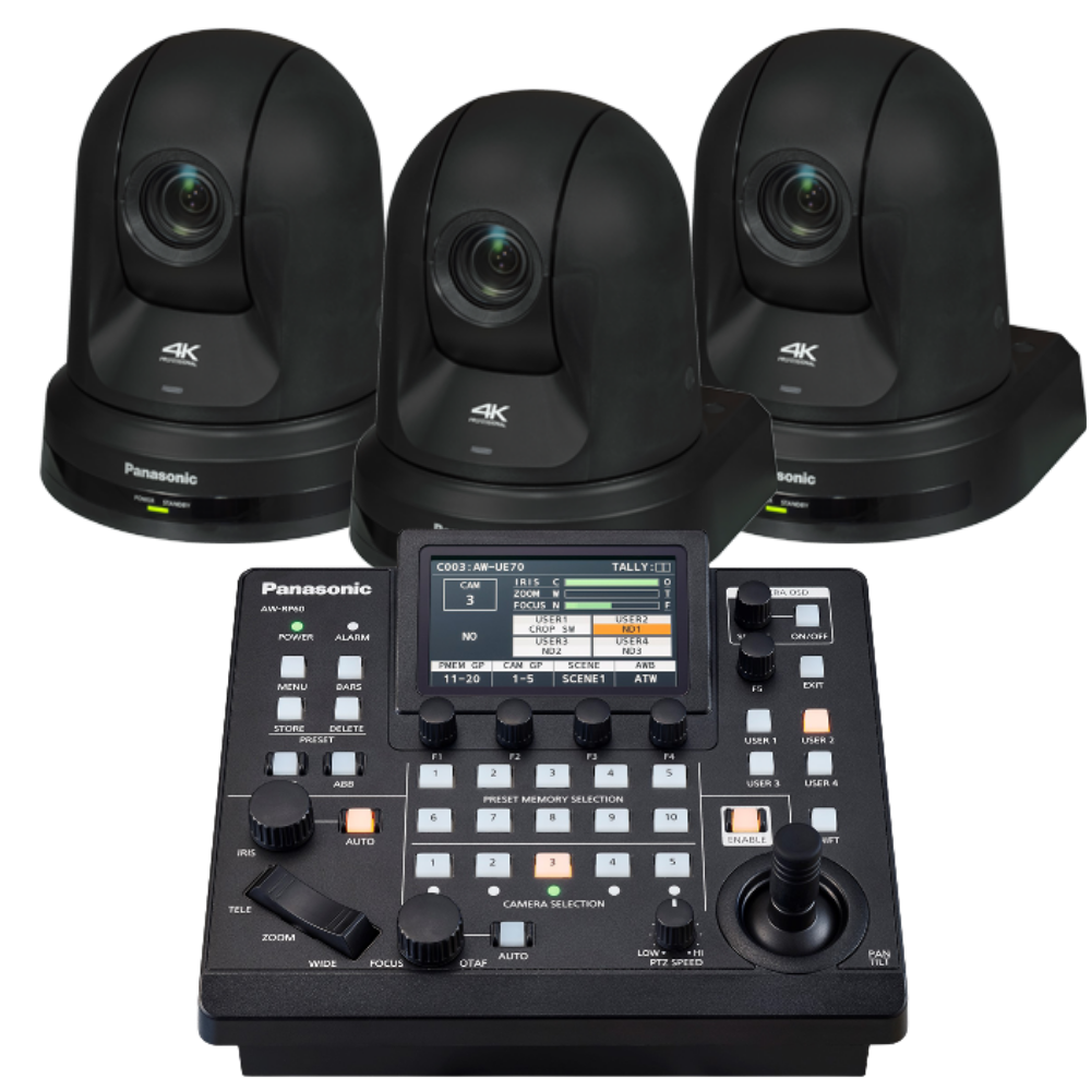 Three black Panasonic AW-UE50 camera systems with a RP60 control panel on a white background