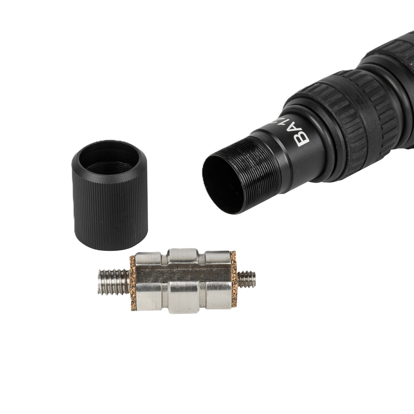 Black and silver plumbing components on a white background