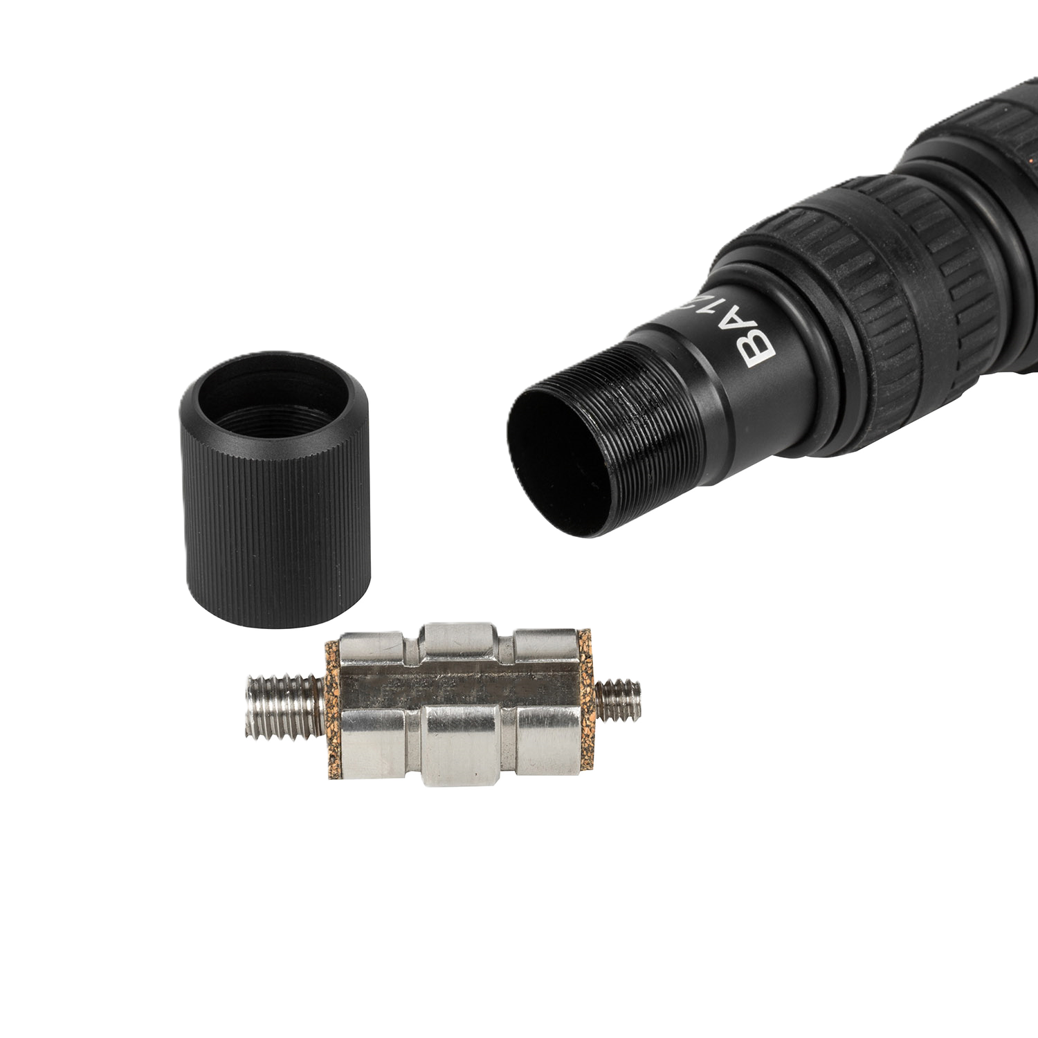 Black and silver plumbing components on a white background