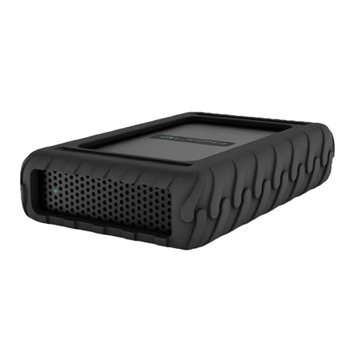 A rugged black external hard drive enclosure with a textured rubber bumper and a perforated ventilation grille on one side, shown on a plain white background.