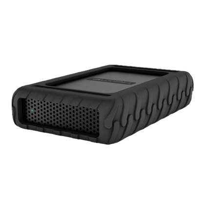 A rugged black external hard drive enclosure with a textured rubber bumper and a perforated ventilation grille on one side, shown on a plain white background.