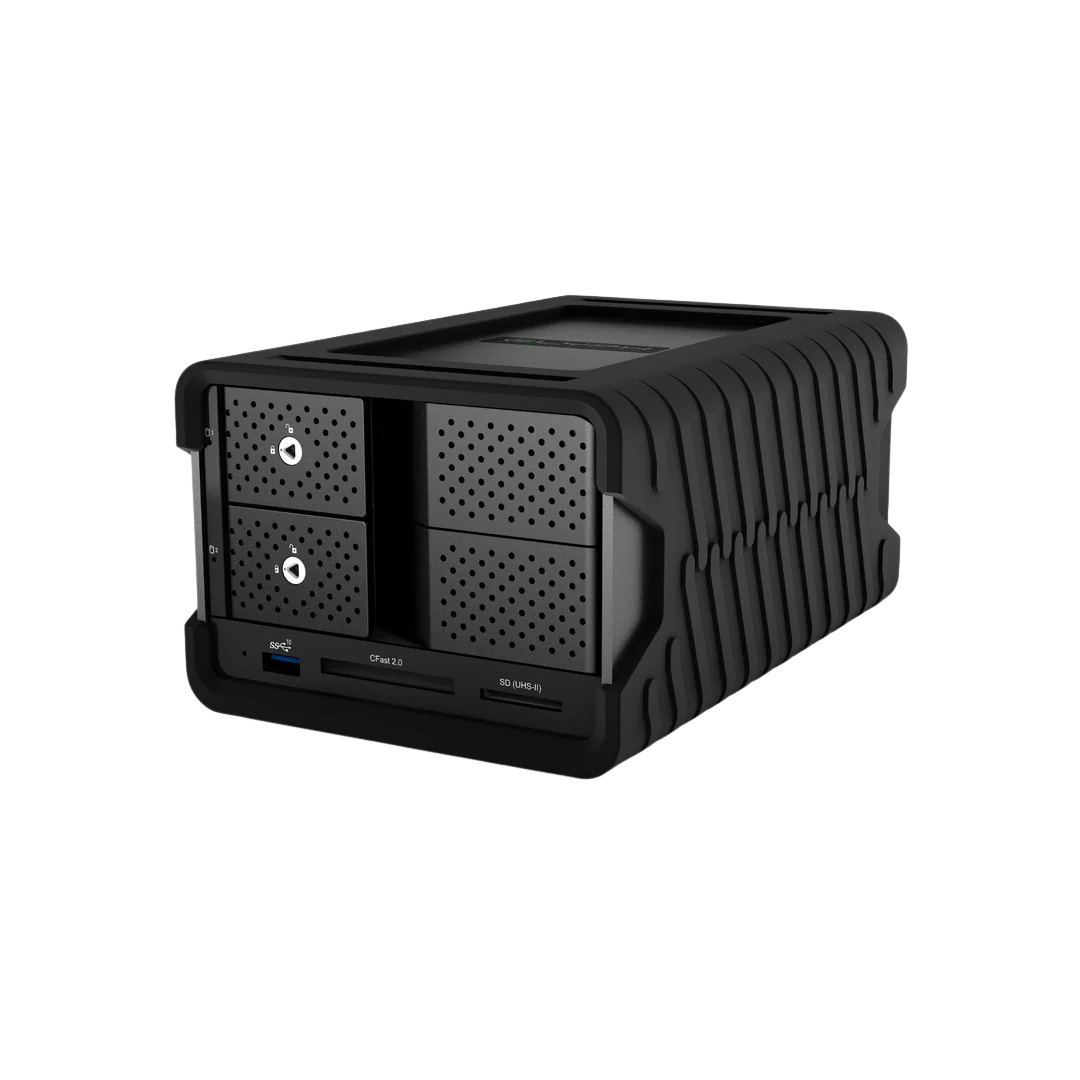 Black external hard drive enclosure on a white background