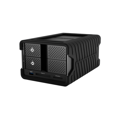 Black external hard drive enclosure on a white background