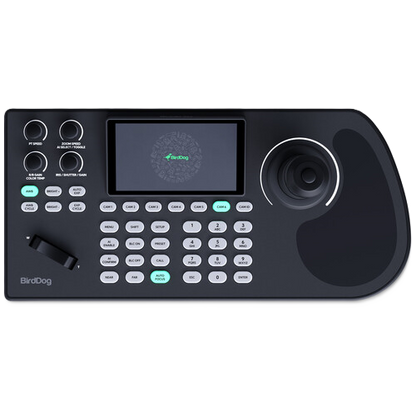 Black electronic device with control panel and screen on a white background