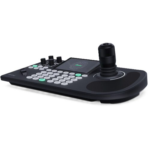Black control panel with joystick and buttons on a white background