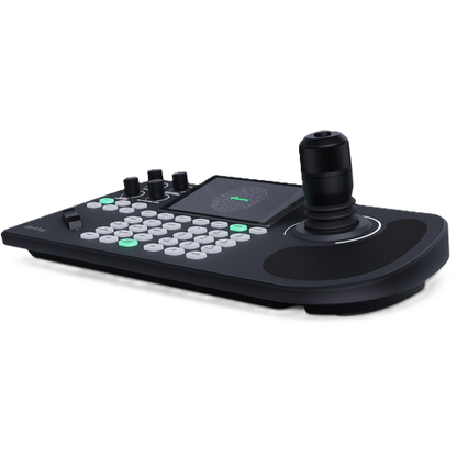 Black control panel with joystick and buttons on a white background