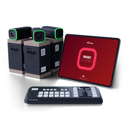 Maki Studio equipment including cameras, a tablet, and a control panel on a white background