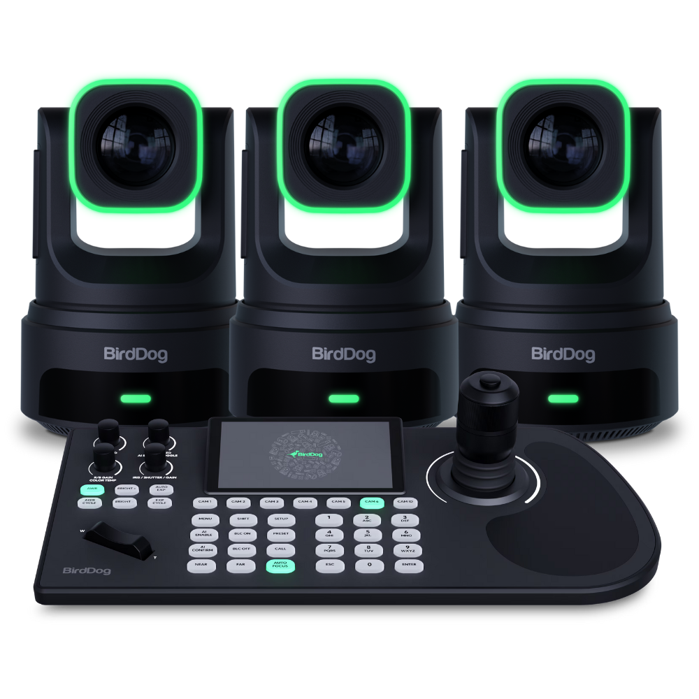 Three BirdDog video conference cameras with a control panel on a white background