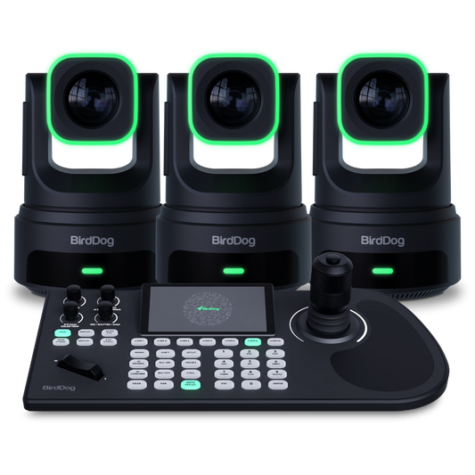 Three BirdDog video conference cameras with a control panel on a white background