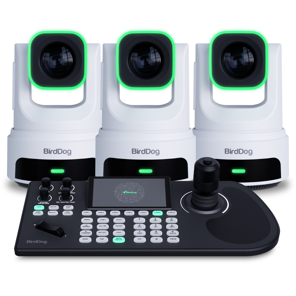Three BirdDog camera systems with a control panel on a white background