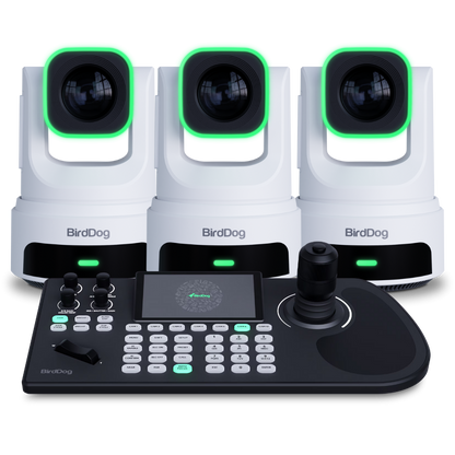 Three BirdDog camera systems with a control panel on a white background