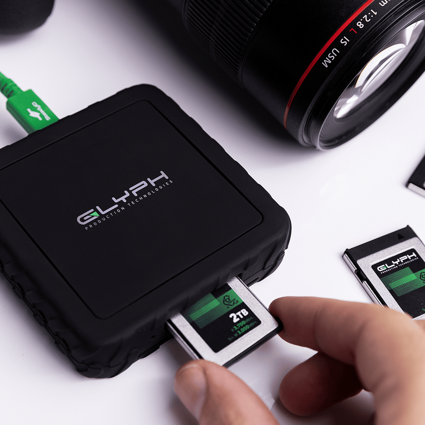 Glyph Capture+ CFexpress Type B USB4 Memory Card Reader with CFexpress memory card being used