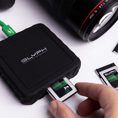 Glyph Capture+ CFexpress Type B USB4 Memory Card Reader with CFexpress memory card being used