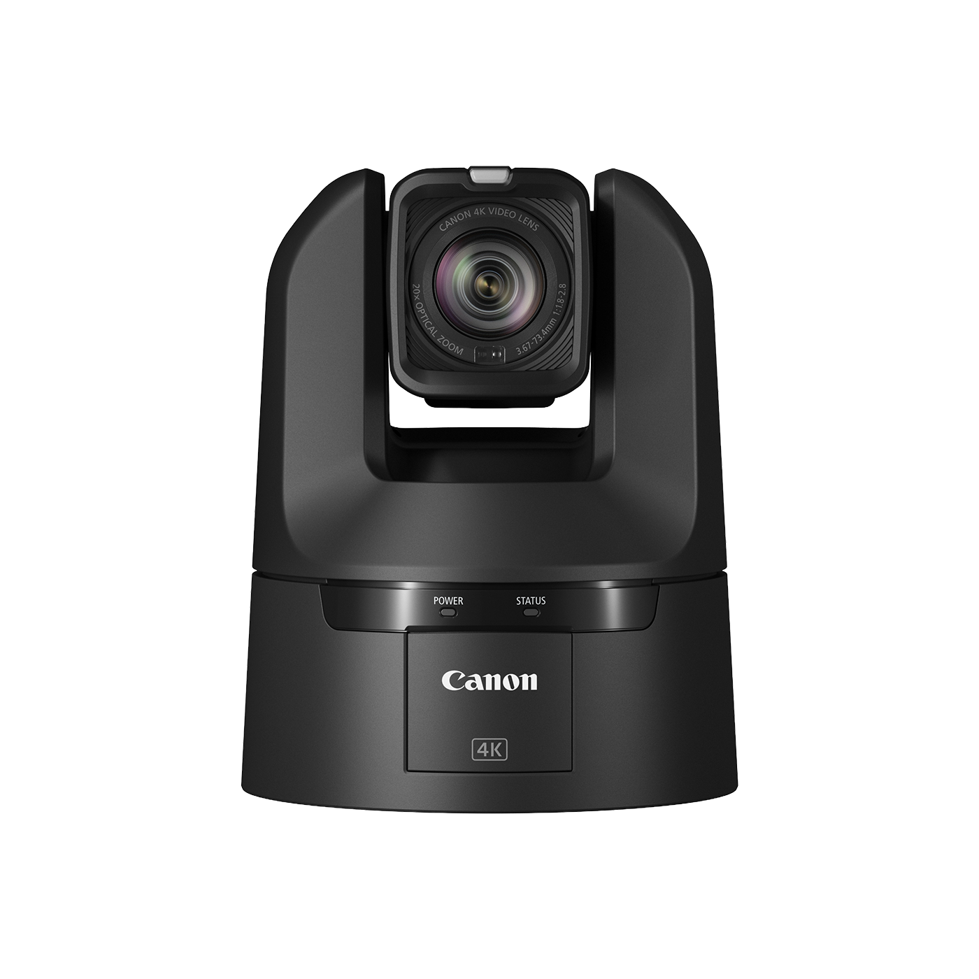 Canon 4K PTZ security camera in matte black, shown from a front-facing perspective on a solid white background.