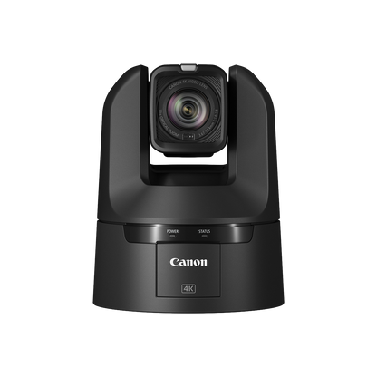 Canon 4K PTZ security camera in matte black, shown from a front-facing perspective on a solid white background.