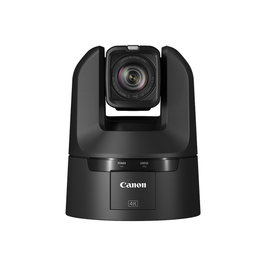 Canon 4K PTZ security camera in matte black, shown from a front-facing perspective on a solid white background.