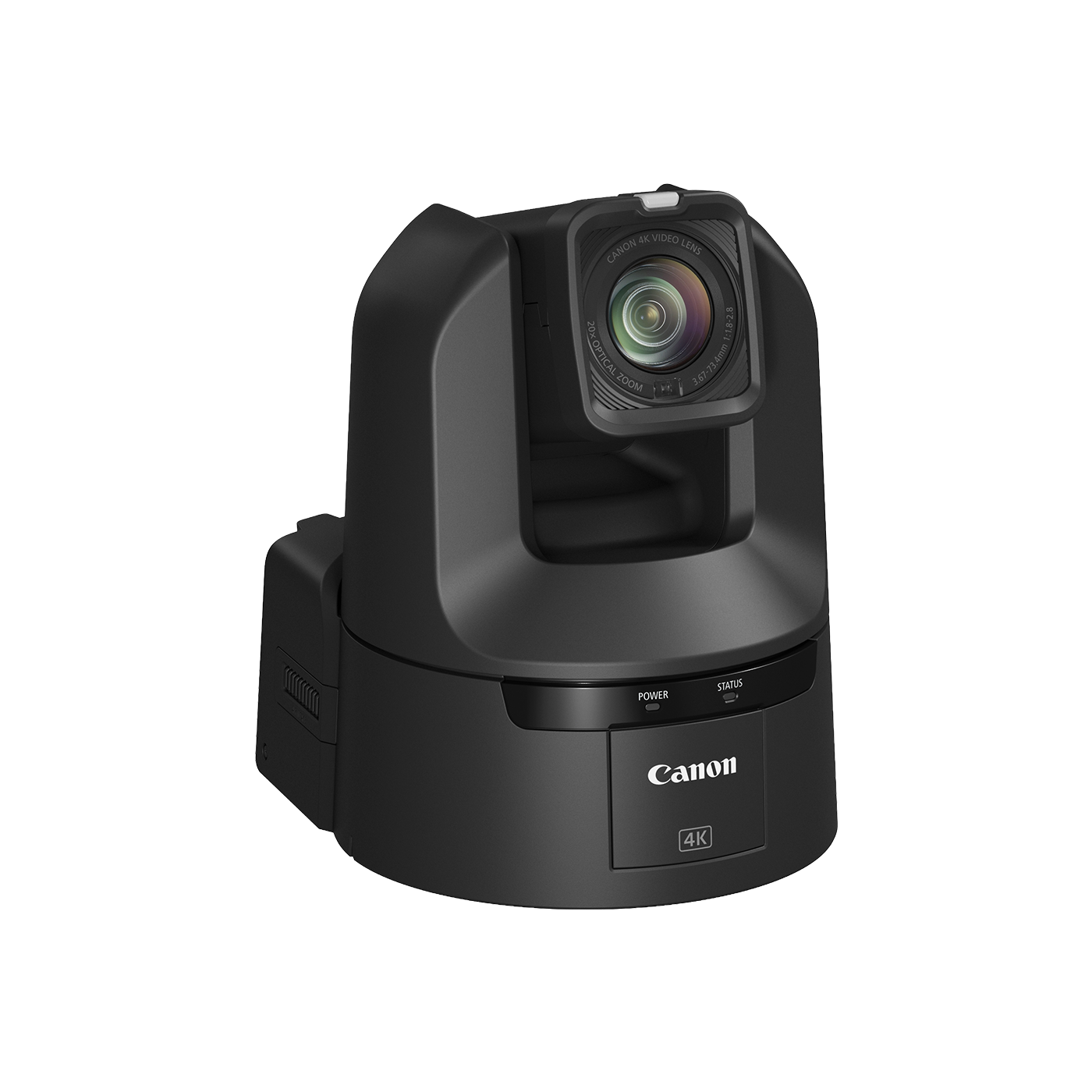 Canon 4K PTZ camera in matte black, featuring a large adjustable lens and the Canon logo on the front base, shown against a solid white background.