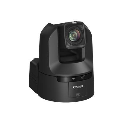 Canon 4K PTZ camera in matte black, featuring a large adjustable lens and the Canon logo on the front base, shown against a solid white background.