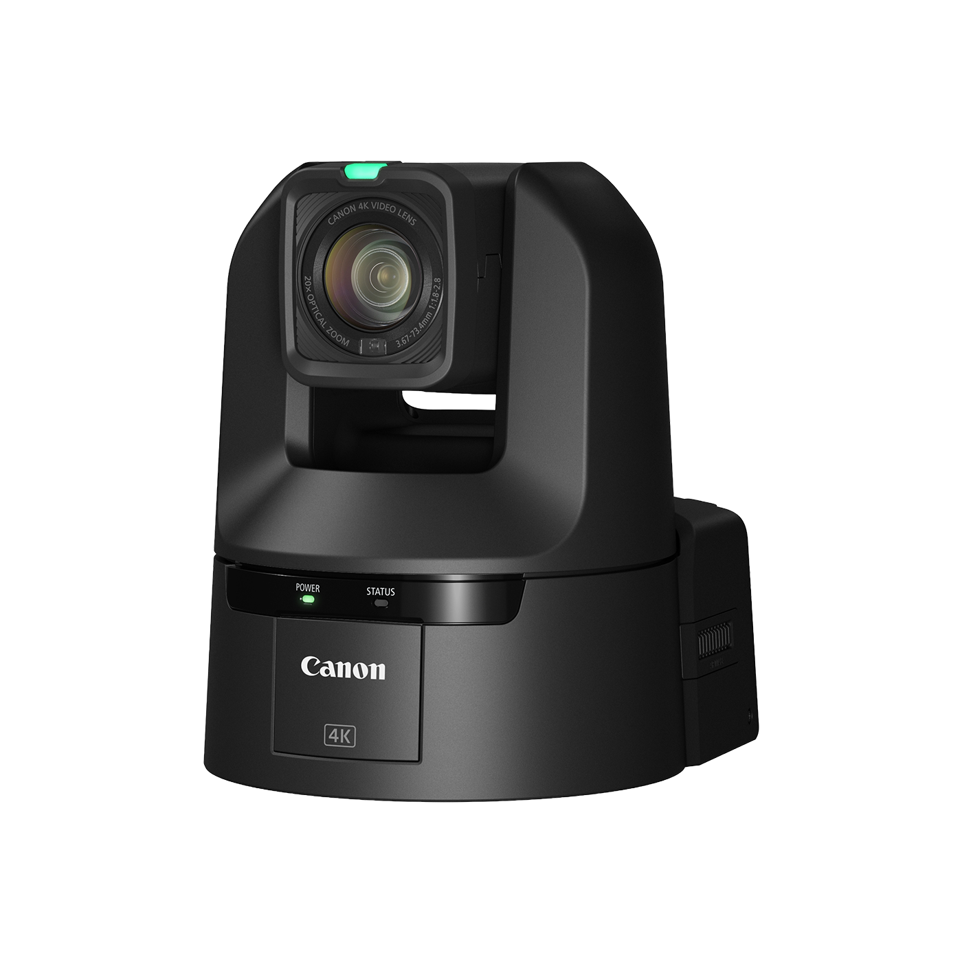 Canon 4K PTZ security camera in matte black, featuring a large lens, a green LED indicator light, and the Canon logo on the front base, shown against a solid white background.