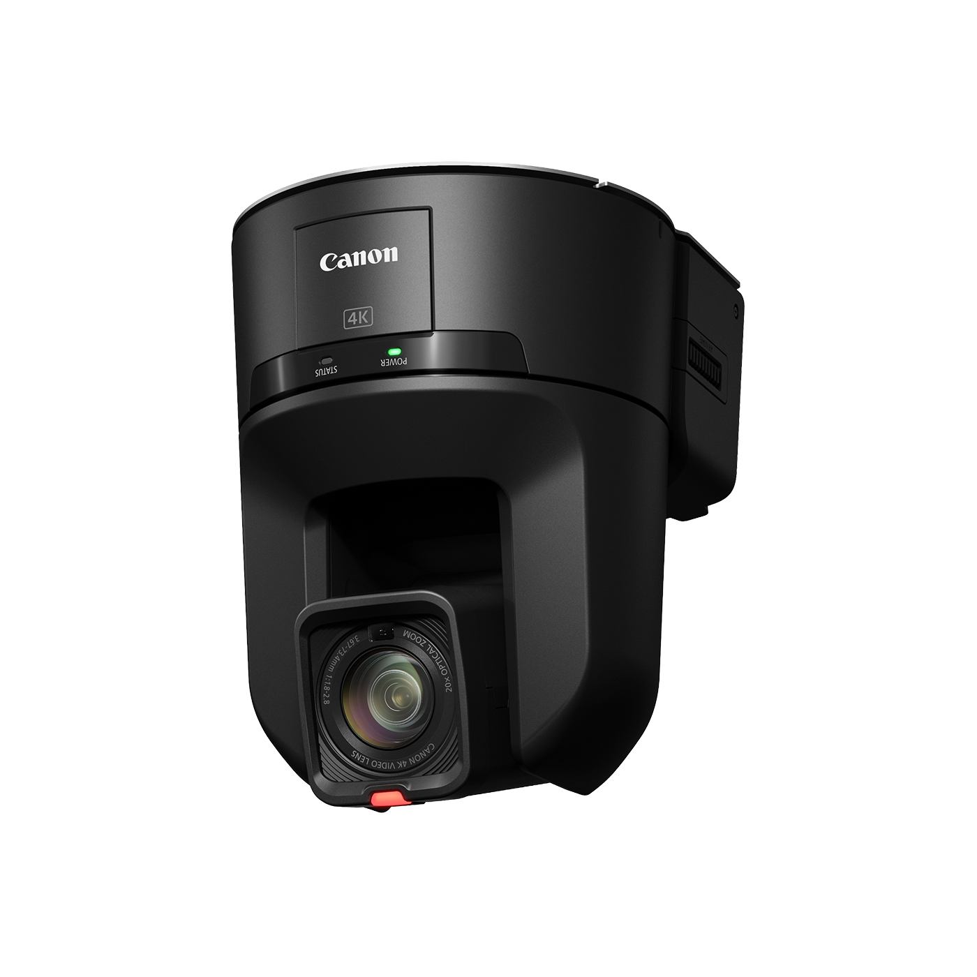 Canon 4K security camera with a black housing and lens, shown at an angle on a solid white background.