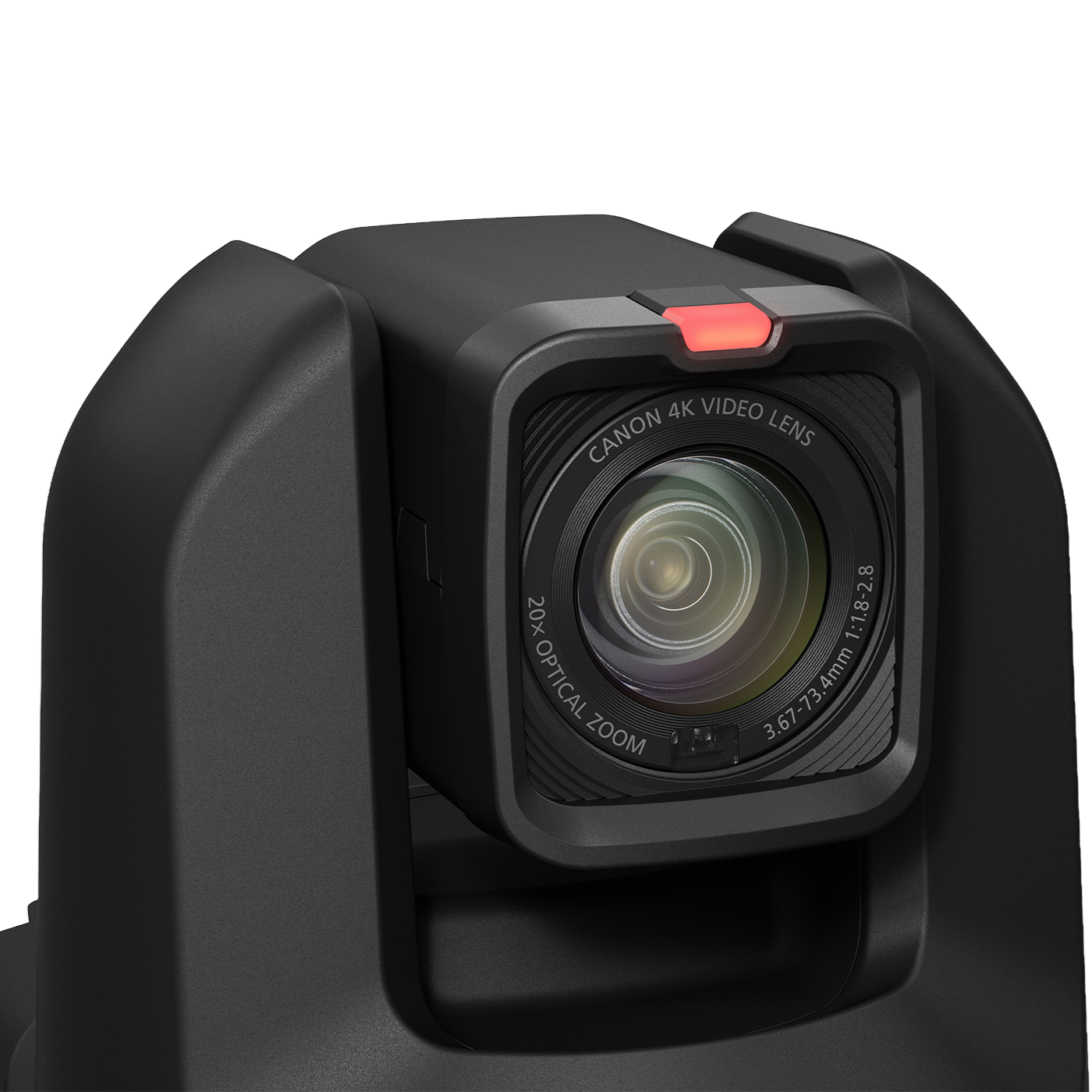 Close-up of a black Canon 4K video lens attached to a camera body, with a small red tab visible above the lens on a clean white background.