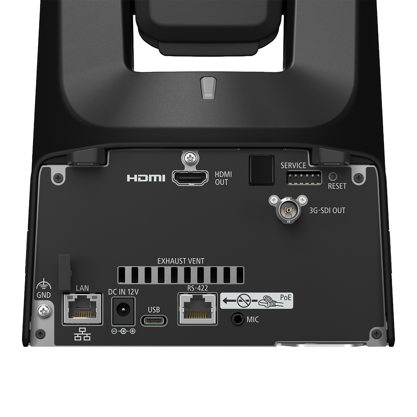 Close-up of the rear panel of a black Canon CR-N350, showing ports and labels including HDMI, LAN, DC IN 12V, USB, IP-IN, IP-Out, 3G-SDI OUT, service, reset, and exhaust vent.