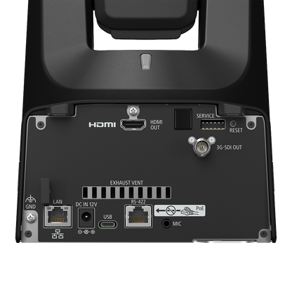 Close-up of the rear panel of a black Canon CR-N350, showing ports and labels including HDMI, LAN, DC IN 12V, USB, IP-IN, IP-Out, 3G-SDI OUT, service, reset, and exhaust vent.