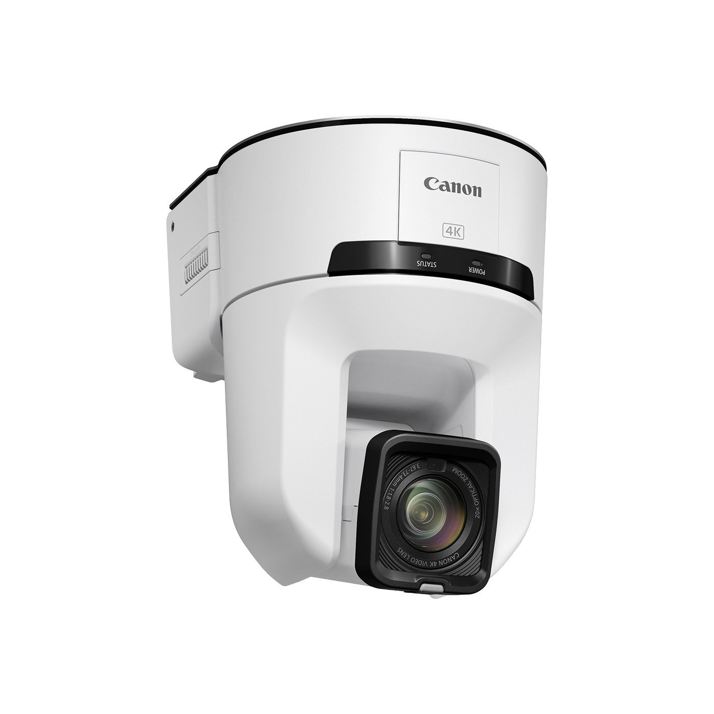 Canon 4K PTZ camera in white with a black lens housing, shown at a three-quarter angle on a solid white background.